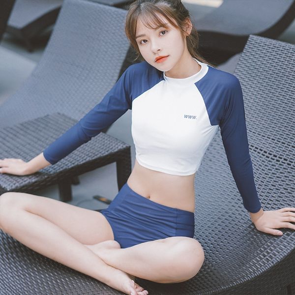 

xiaotao 2019 новых видов спорта для учениц купальника swimsuitconservative похудения длинного рукава раскола боксер брюки из двух частей куп, Black