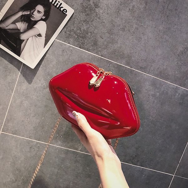 

acrylic bag european and american dinner bag lip crossbite bright finish leather female chain small hand red lip banquet