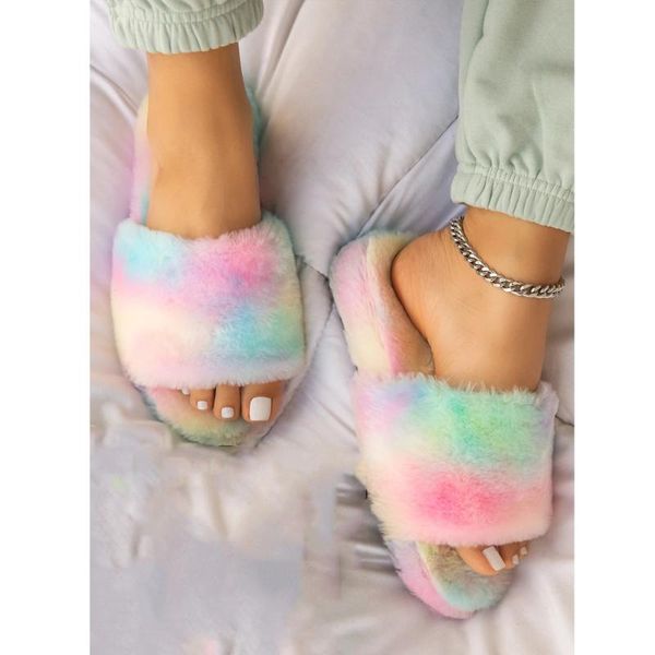 

2020 new home house indoor slippers women furry slippers ladies shoes cute plush fluffy slides women's fur casual, Black