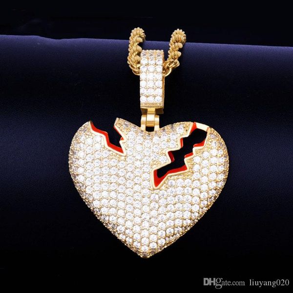 

gold broken heart pendant necklace with rope chain red oil cubic iced zircon men's hip hop jewelry for gift