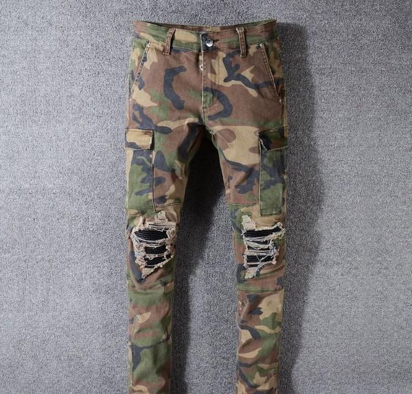 

новые мужские джинсы камуфляж тонкий моды hole джинсовые брюки разорванные проблемные тонкий карандаш штаны мотоцикл брюки, Blue