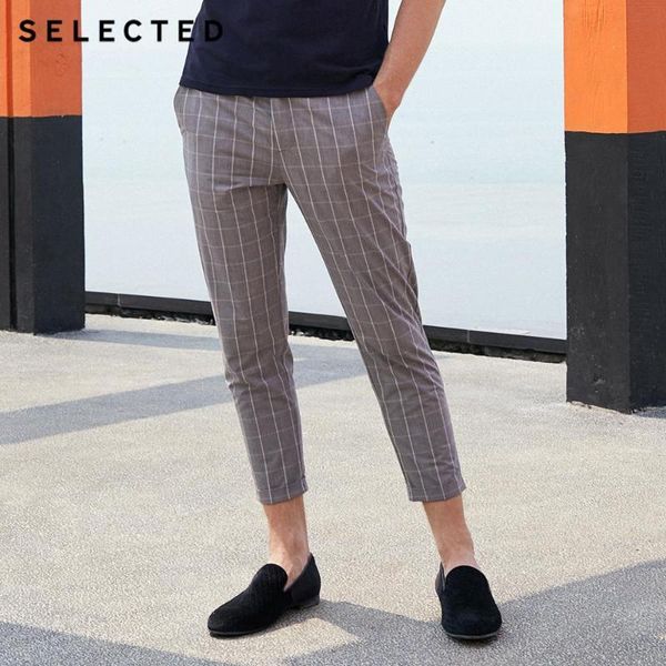 

men's 100% cotton plaid slightly stretch rolled crop pants s|419114549, Black