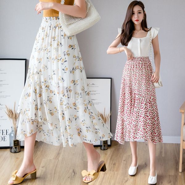 

2020 new korean style ins early autumn floral chiffon mid-length chiffon skirt women's slimming flounced bottoming skirt, Black