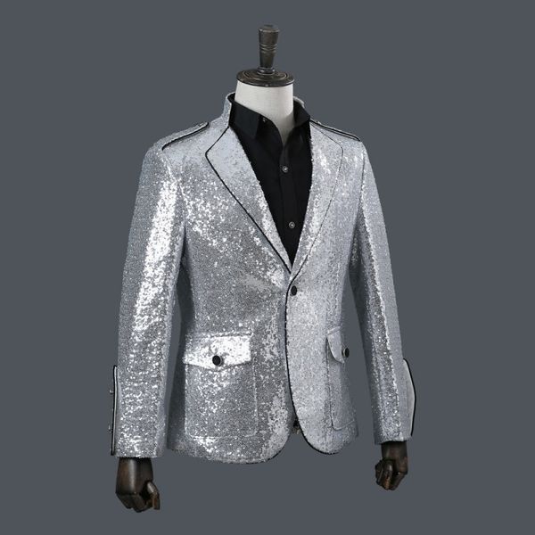 

brand performance men fashion lapel slim fit silver sequins suit jacket nightclub stage singer blazer costume homme, White;black