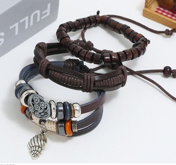 

2020 men's genuine leather bracelet diy pu flower conch pendant bracelet combination suit bracelet 3styles/1set, Black
