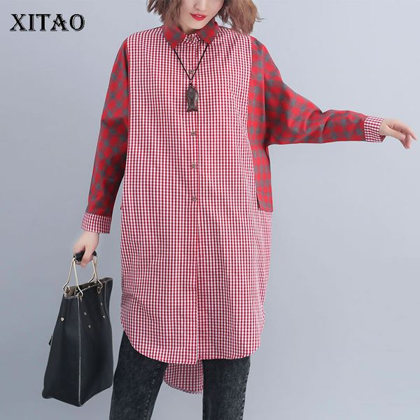 

xitao plus size plaid midi dress women korea fashion new turn down collar patchwork irregular single breasted dress gcc1267, Black;gray