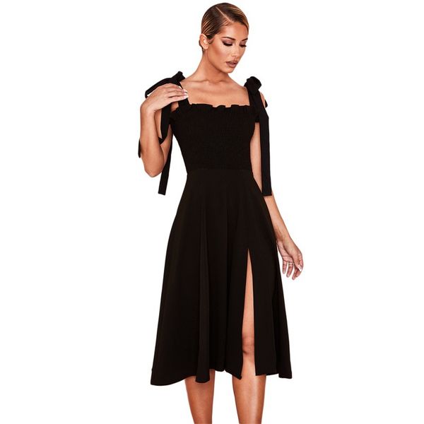 

spaghetti strap sleeveless black summer dress night clubwear party dresses women side split long dress, White