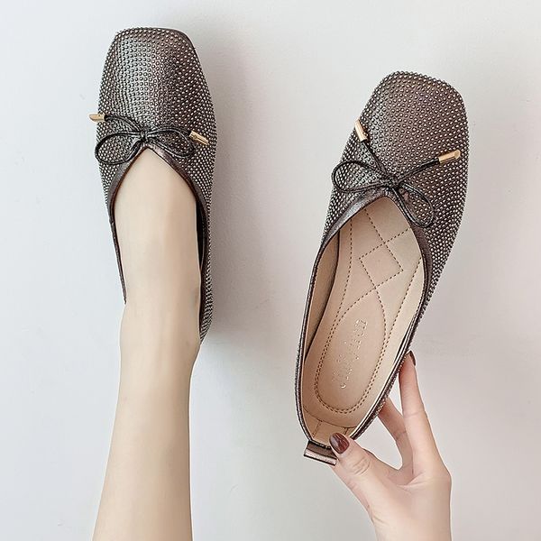

elegant casual woman shoe female shoes shallow mouth crystal 2020 fashion women's bow-knot square toe soft dress rhinestone, Black