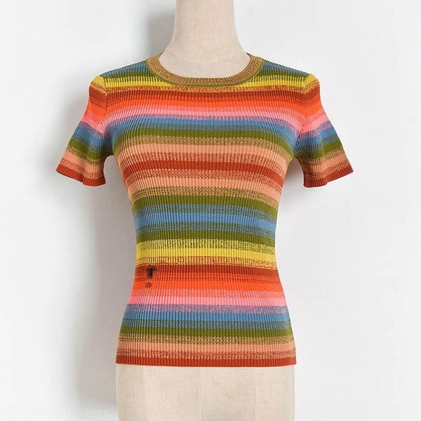 

2020 контрастного цвета радуги ся синь бусин полосы вышитые пчелиный короткий рукав вышитые трикотаж трикотаж женский y20540, White