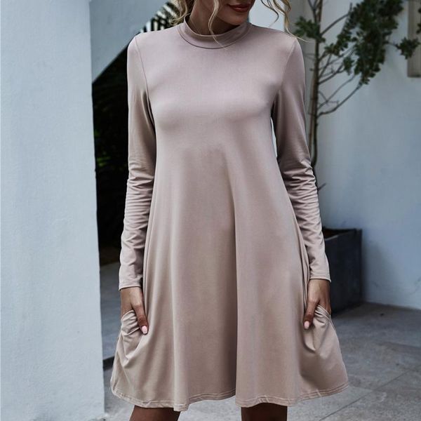 

autumn woman dress long sleeve stand collar elegant dresses casual a-line mini dress solid color robes work pocket d30, Black;gray
