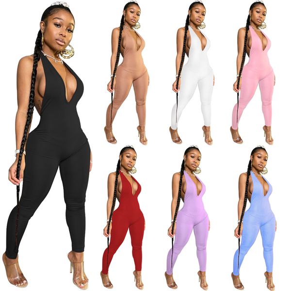 

womens deep v neck halter neck backless clubwear solid color fashion jumpsuit bodycon romper long pants, Black;white