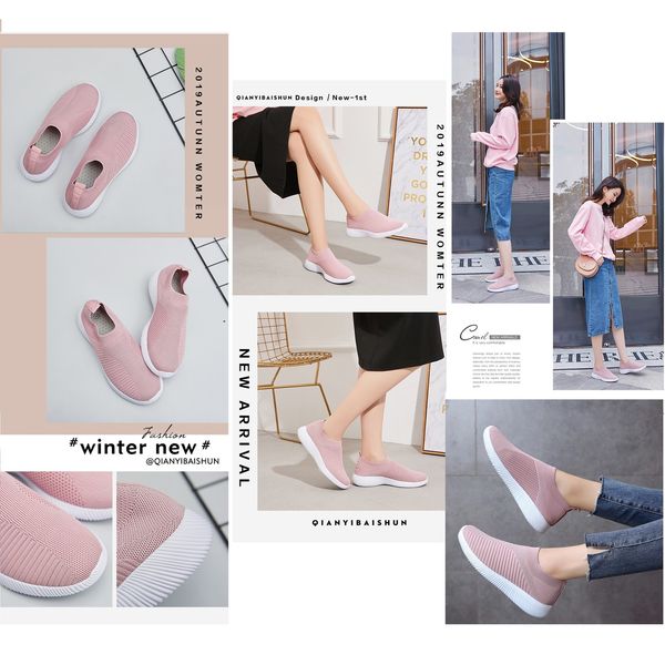 

women casual shoes light sneakers breathable mesh summer knitted vulcanized shoes outdoor slip-on sock shoes plus size tennis cx200803, Black