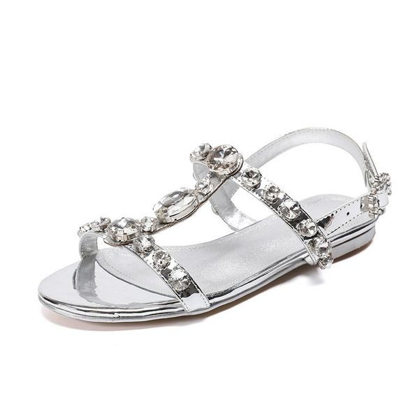

crystal summer women new straps flats open toe genuine leather sandals casual streetwear ladies buckle diamonds shoes, Black