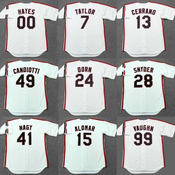 Cleveland 24 ROGER DORN 28 CORY SNYDER 7 JAKE TAYLOR 0 WILLIE MAYS 13 PEDRO CERRANO 15 SANDY ALOMAR 41 CHARLES NAGY maglia da baseball