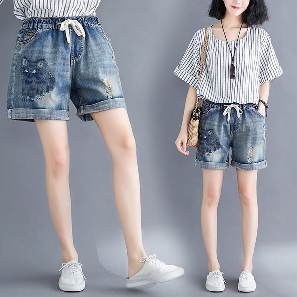 

2019 summer new artistic large size fat sister loose slimming fashion trend embroidered denim embroidered shorts and shorts for women, Blue