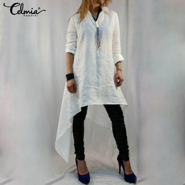 

plus size tunic celmia women retro blouse 2020 summer asymmetrical long shirts casual loose solid blusas chemiser femininas, White