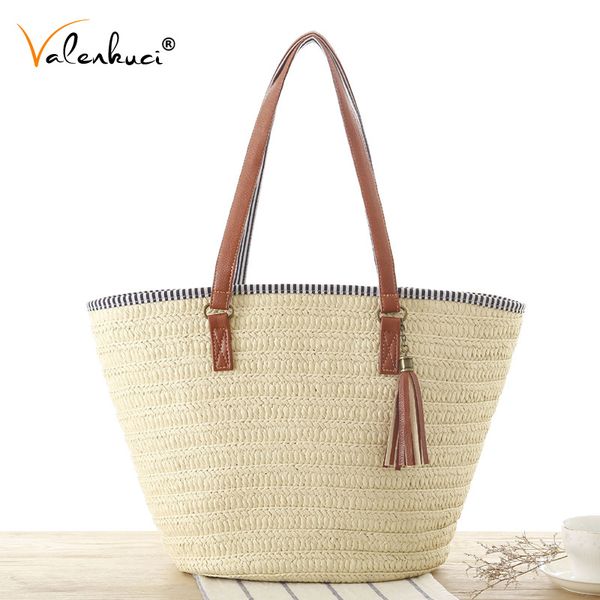 

summer beach bag casual tassel straw bags rattan women handbags wicker woven shoulder bags large capacity totes bucket bag