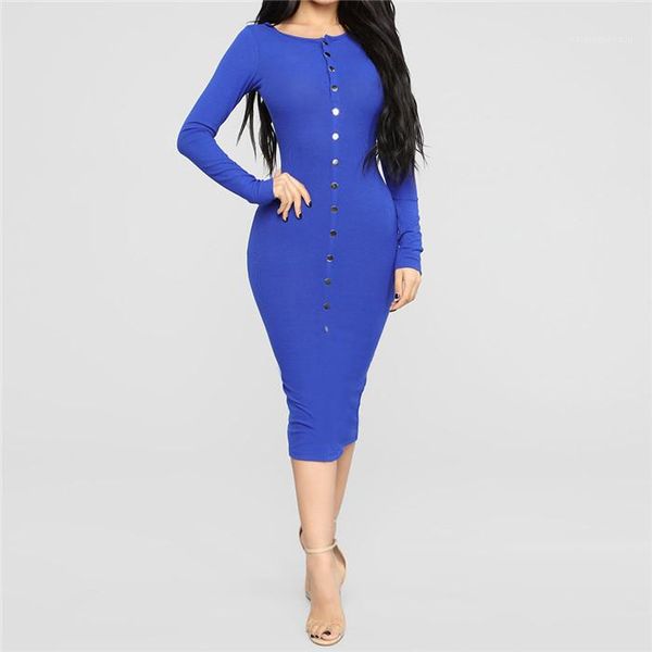 

womens solid slim dress women autumn winter button o-neck mid waist pencil dresses woman fashion casual clothes, Black;gray