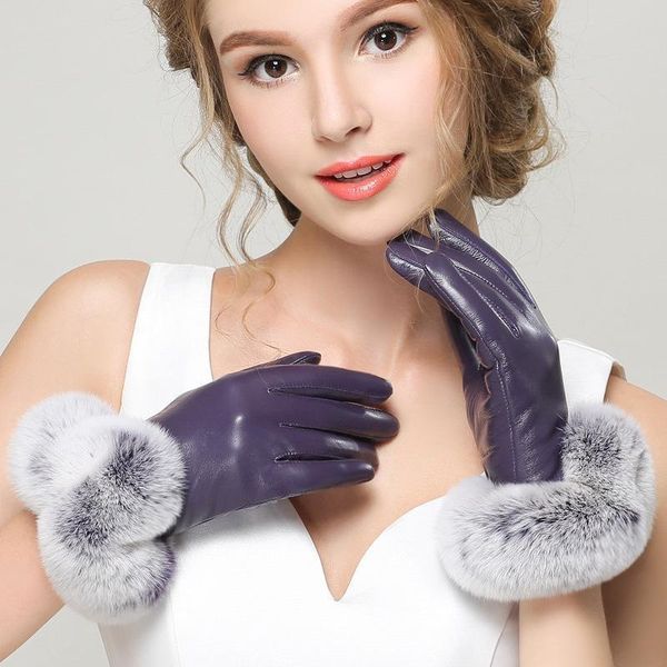

touchscreen genuine leather gloves women' winter plus velvet sheepskin gloves fashion trend female five finger f8005, Blue;gray