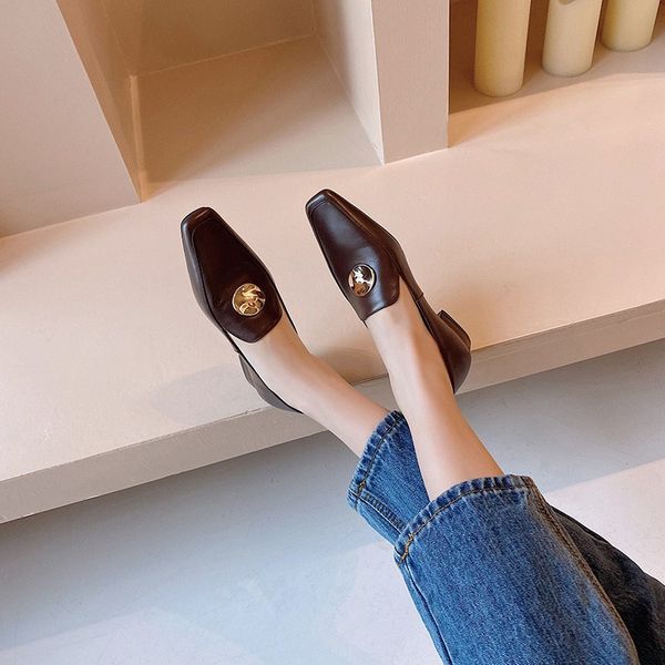 

2020 autumn new thick heel square toe leather large deep mouth women's shoes, Black