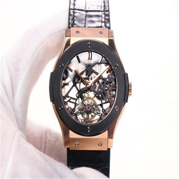 

jb factory real tourbillon manual chain movement 6010 watch by 42mm hollow dial 181k rose gold natural rubber watchband sapphire crystal gla