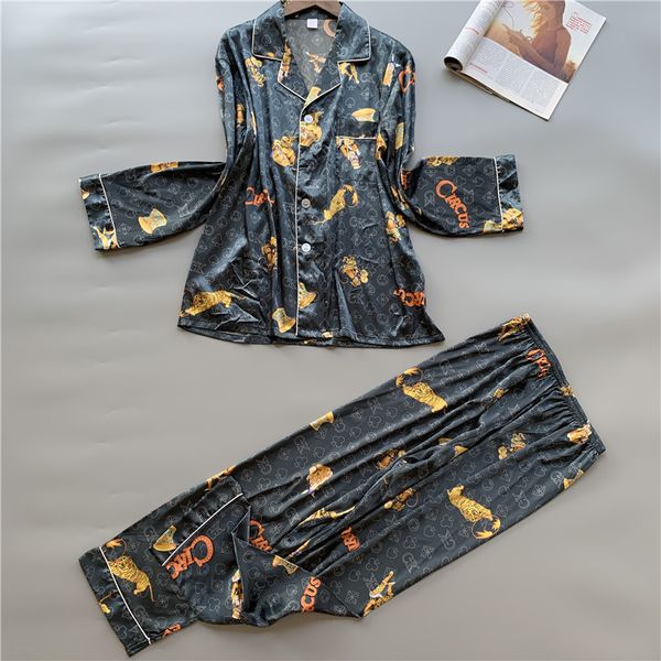 

satin silky shirt&pants pyjamas intimate lingerie sleepwear male casual nightwear 2pcs pajamas set print bathrobe home clothes, Black;brown