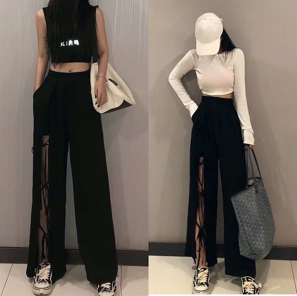 

2020 women new style net red pants ins fashion super fire machine design sense drape pantssplit high waist slim wide leg pants, Black;white