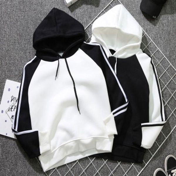 

season new pullover outfit couple wear hooded sweater women'sstyle fashion all-match three-bar loose pullover coat couple wear, Black