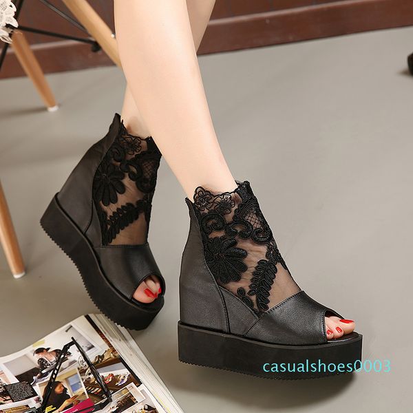 

buld silk lace white silver wedge sandals high platform heels invisible height increased peep toe women shoes 2 colors size 35 to 39 c03, Black
