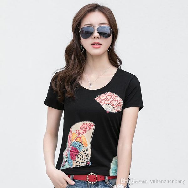 

women s fashion sequins t-shirt office lady cartoon pattern t-shirt women s casual cotton slim t shirt tank ing, White