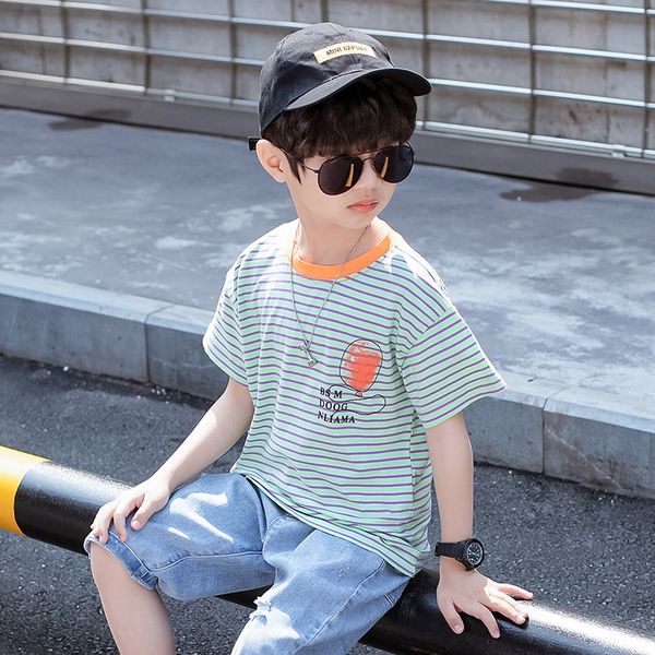 

n0ujc одежда boyssummer с короткими рукавами половинных рукавов полосатый футболку 2020 новые средняя и большая футболка детской clothingchi, Blue