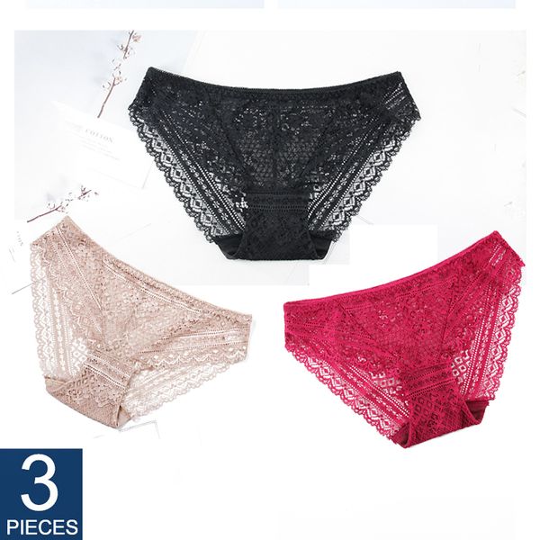 

elovegirl 3 piece/set fashion women s / xl plus size panties breathable female underwear lace lingerie, Black;pink