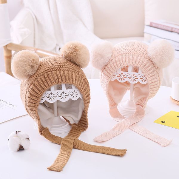 

autumn winter baby hat double pompom knitted baby boy girl hedging cap warm kids hat children beanie bonnet accessories, Yellow