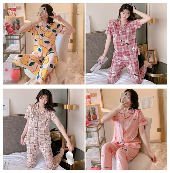

short-sleeved trousers women's thin two-piece trousers pajamaspajamas pajamas suit cotton cute autumn outdoor home wear summer, Blue;red