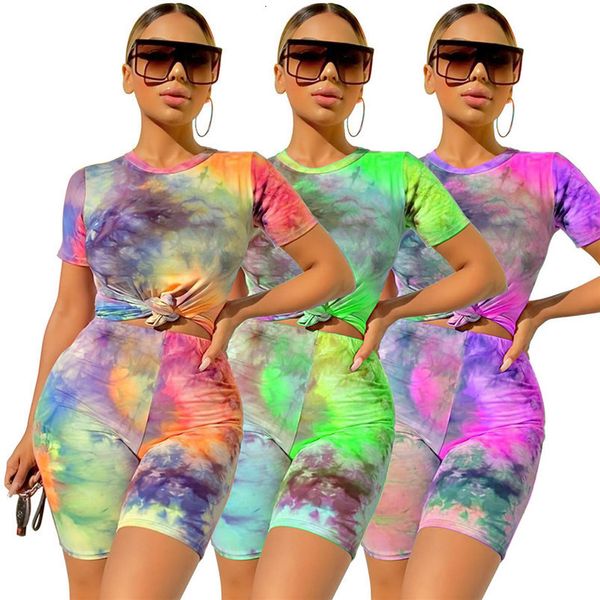 

short sleeve t-shirts crop shorts tie dye print colorful 2 piece set 2020 summer women clubwear streetwear tracksuits, Gray