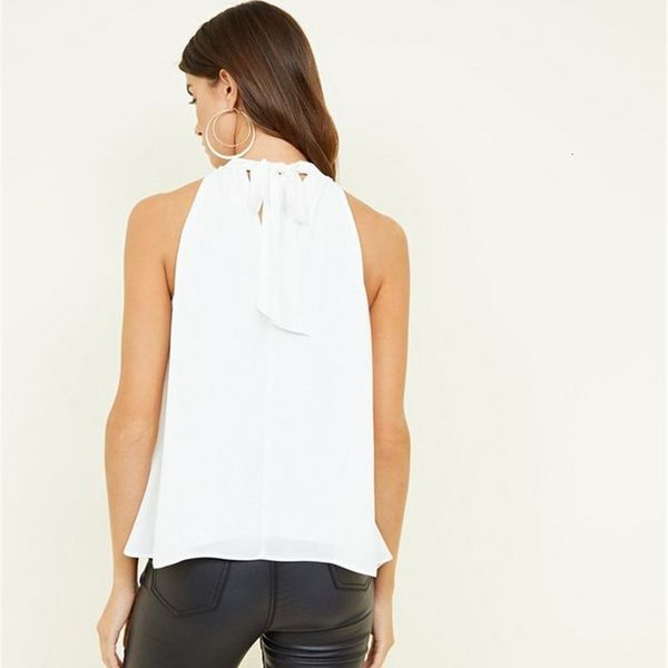 

blouses solid color sleeveless chiffon shirt o neck women loose female shirt casual large women clothing 6xl, White