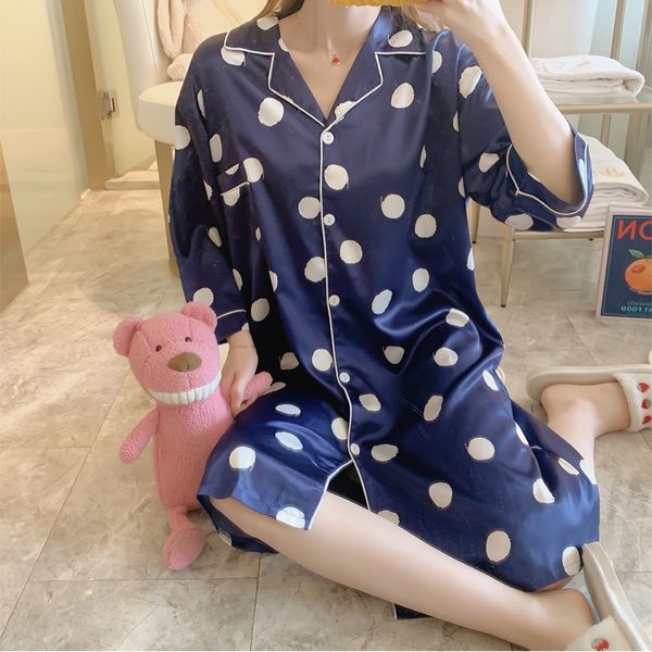 

kcutj spring and summer nightgown seven-quarter sleeve girl silk-like korean style clothes clothes home furnishing clothing sweet polka dot, Blue;red