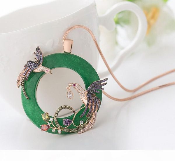 

18k silver gold chain женщины свадебные украшения круглый поддельный джейд двойной полный сияющий rhinestone феникс птицы ожерелье tm