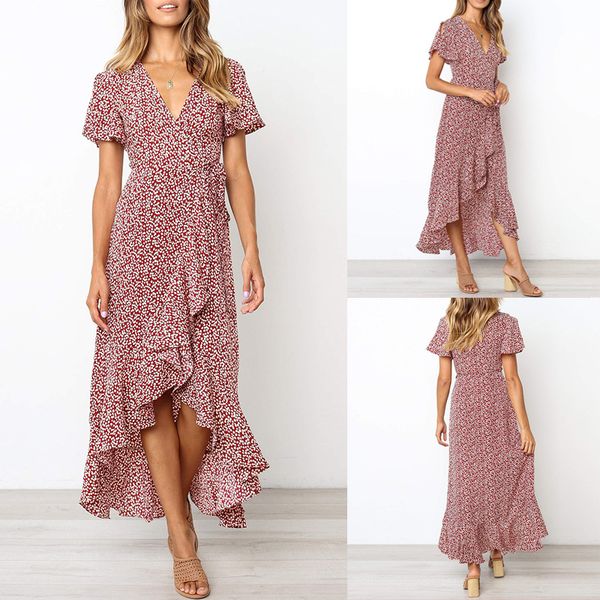 

popular holiday style printed v-neck high waist lace-up irregular chiffon maxi dress, Black;gray