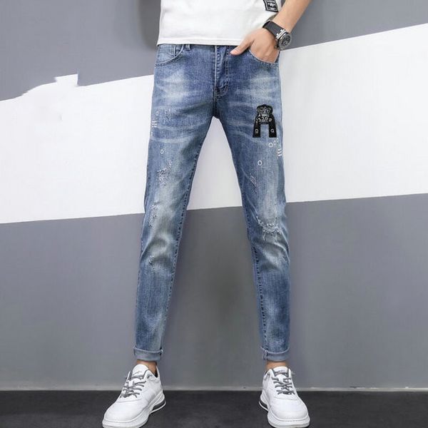 

nasian size 28-38 new style men's jeans fashion indians embroider retro ripped slim street straight jeans, Blue