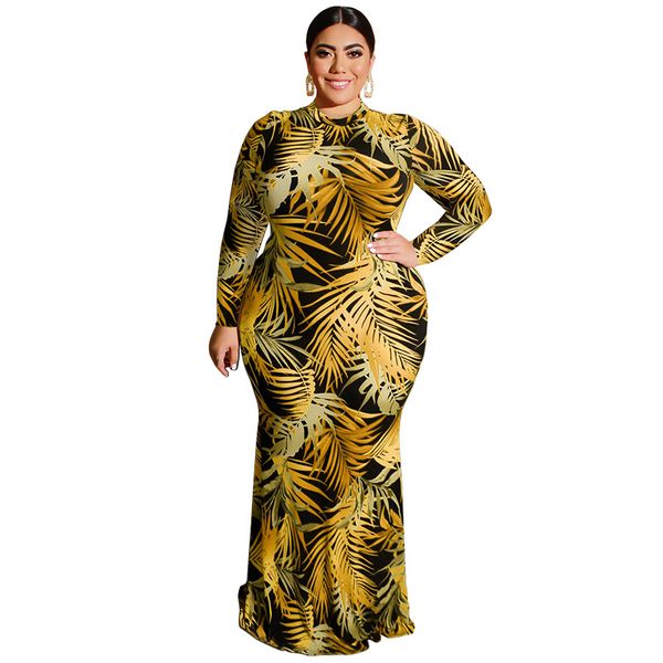 Арабское длинное платье больших размеров в Дубае, облегающее сексуальное платье с поясом на бедрах и длинными рукавами, длинное женское платье с принтом листьев 242d