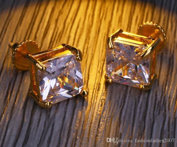 

mens hip hop stud earrings jewelry fashion hiphop screw back square gold silver simulated diamond earring for men, Golden;silver