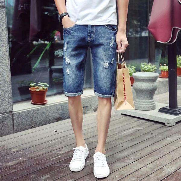 

men's jeans 2021 style summer shorts with holes trend cool korean-style slim fit thin section, Blue