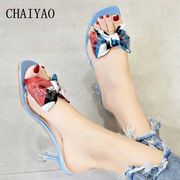 

ladies shoes 2020 new fashion butterfly-knot transparent high heel female shoes leisure square head opentoe women's footwear, Black