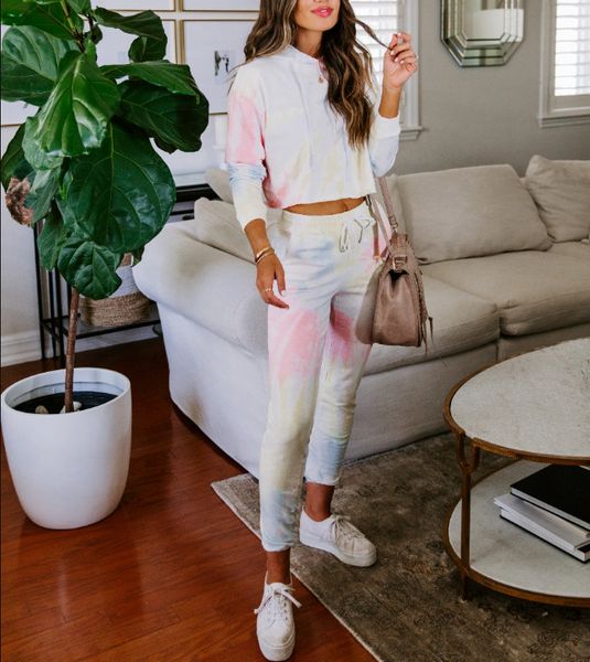 

tie dye hooded womens 2pcs spring summer casual vacation style loose home clothing women two piece sets, White