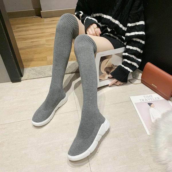 

women stretch fabrics shoes spring autumn casual long boots over the knee boots high knee sock sneakers -502, Black