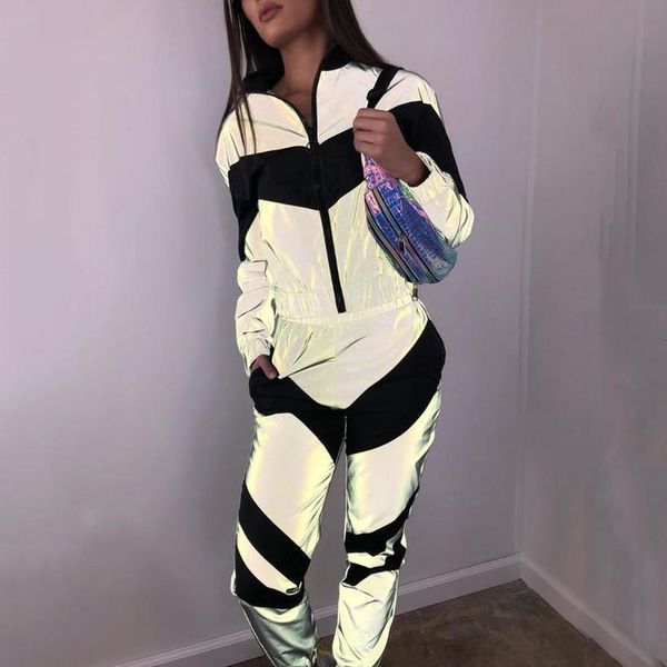 

bkld women new arrival fashion reflective clothing zipper full pants 2019 lady loose zipper jacket jogger pants trendy wear, Gray