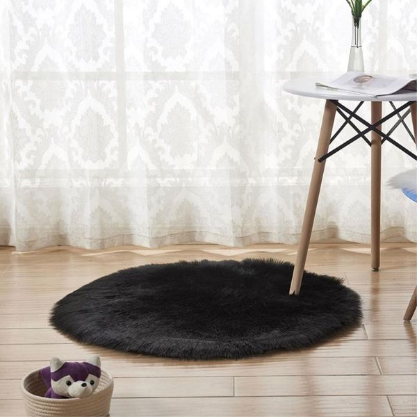 

rayuan washable artificial wool carpet black round sheepskin hairy carpets faux mat seat pad fur soft area rug tapetes 30-120cm