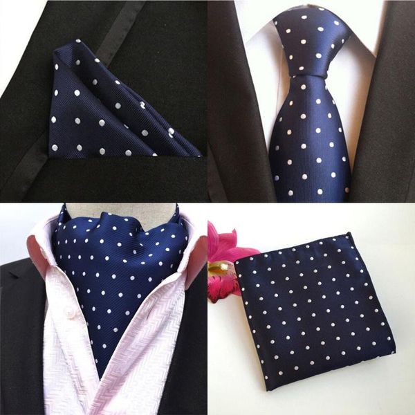 

mens silk white navy blue polka dots necktie cravat ascot pocket square set lot hztie0249, Black;gray