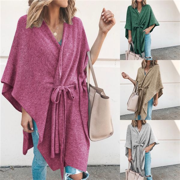 

женщины узелок свитера кардигана сплошной цвет v шеи cape кардиган famale осень knit, White;black